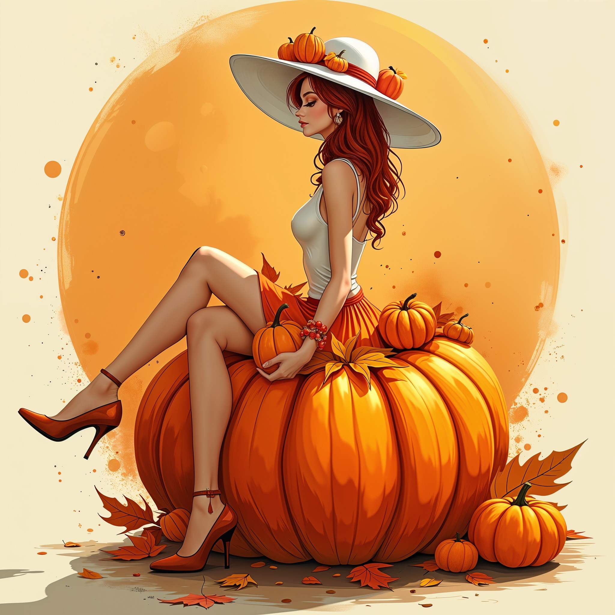Stylish Woman on Pumpkin Surrounded by Autumn Decor