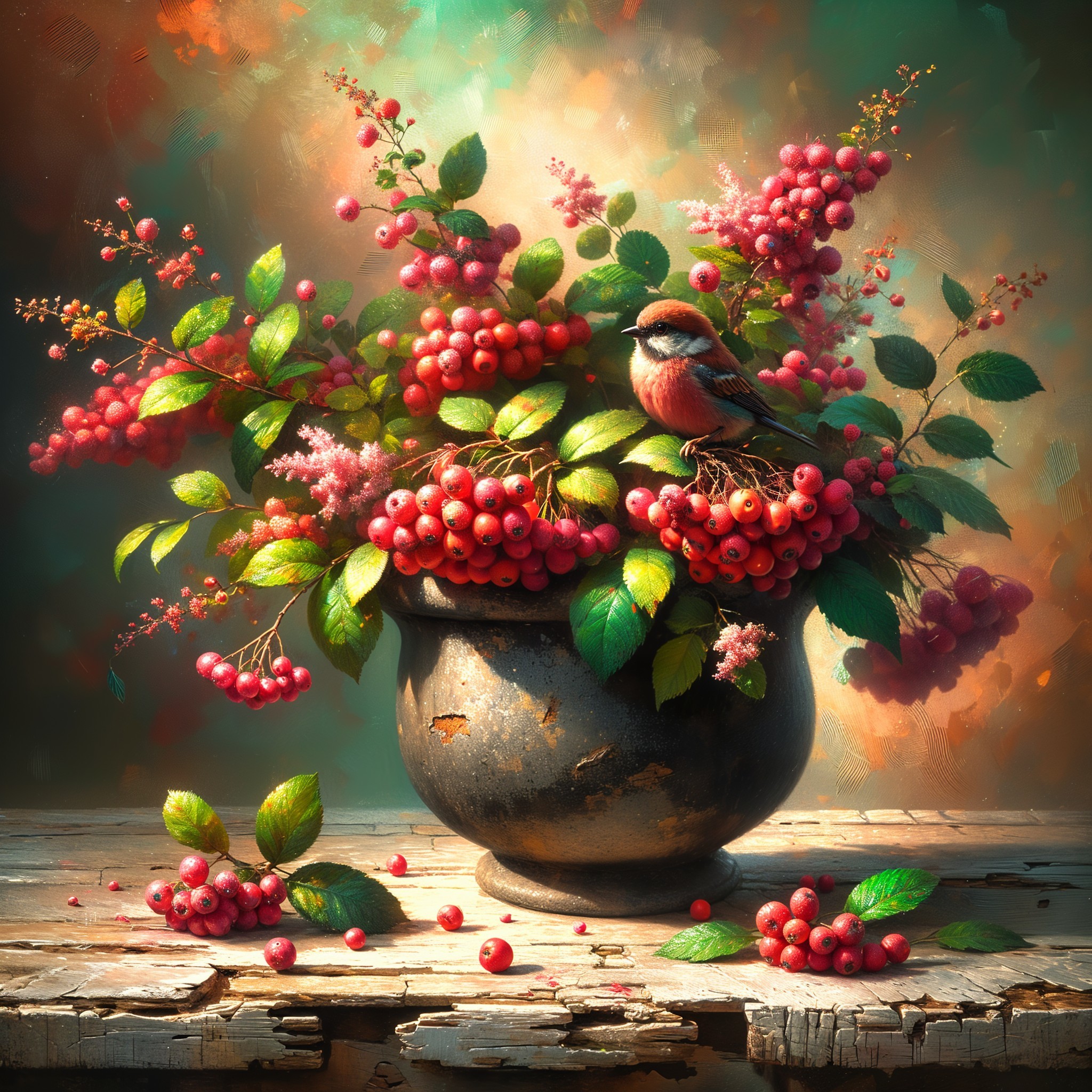 Vibrant Still Life of Berries and Foliage in Pot