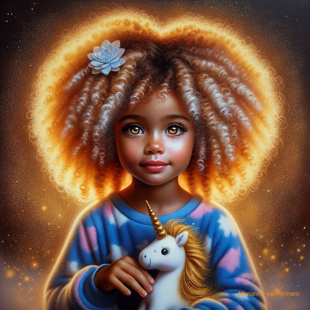 Young girl with curly hair and unicorn toy in pajamas