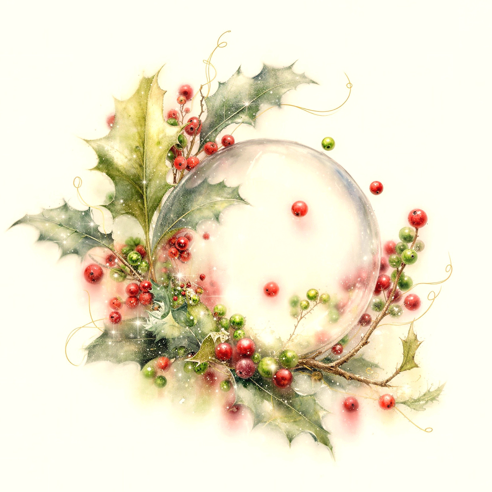 Watercolor Painting of Winter Foliage and Glass Orb