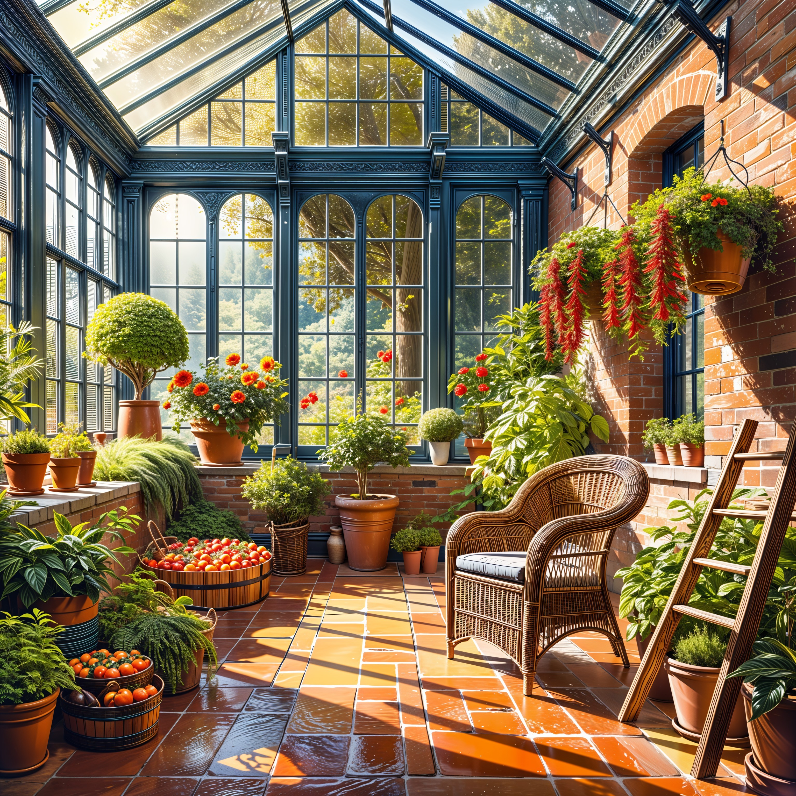 Sunlit Conservatory with Vibrant Plants and Flowers