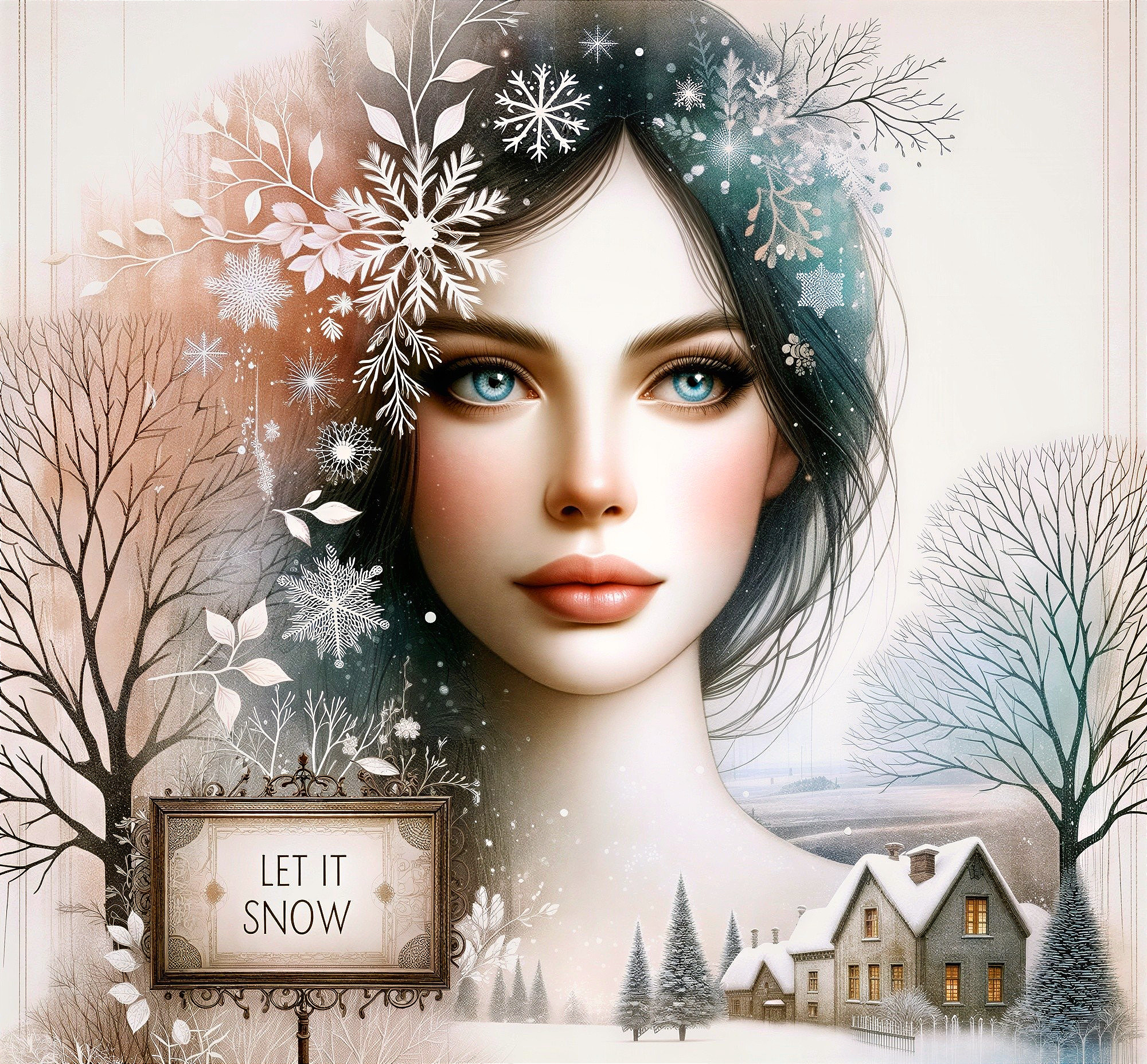 Winter Portrait with Glowing Blue Eyes and Snowflakes