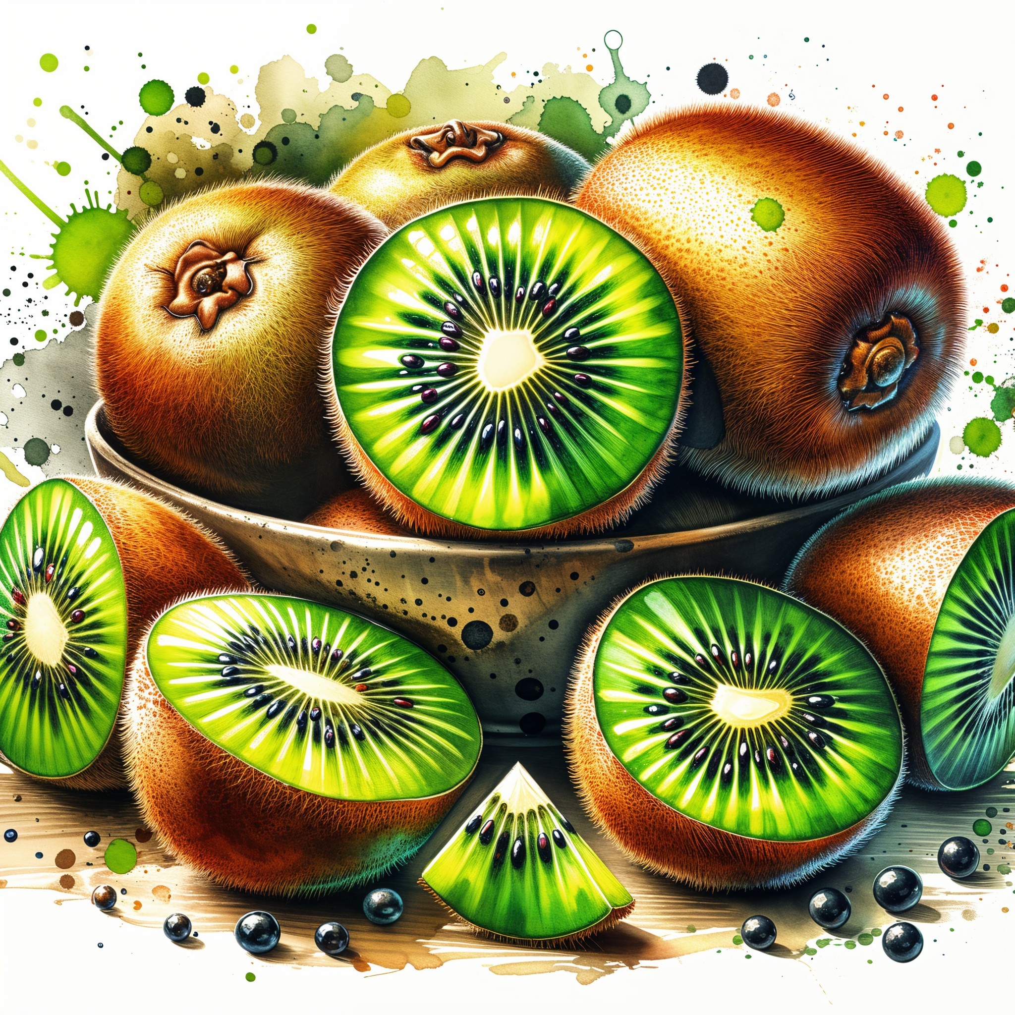 Vibrant Kiwi Arrangement in Rustic Bowl with Watercolor