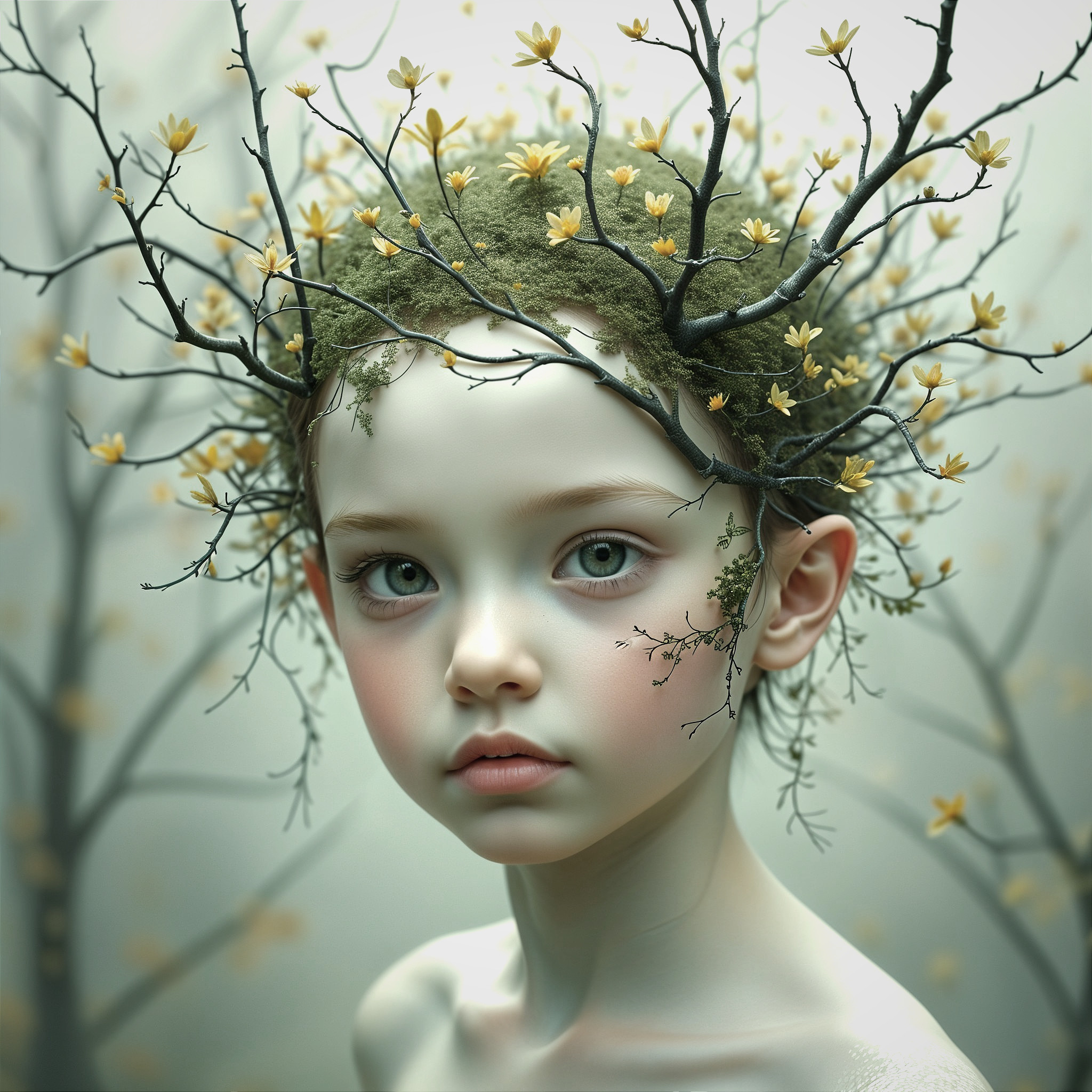 Young girl with a branch and moss headdress in nature