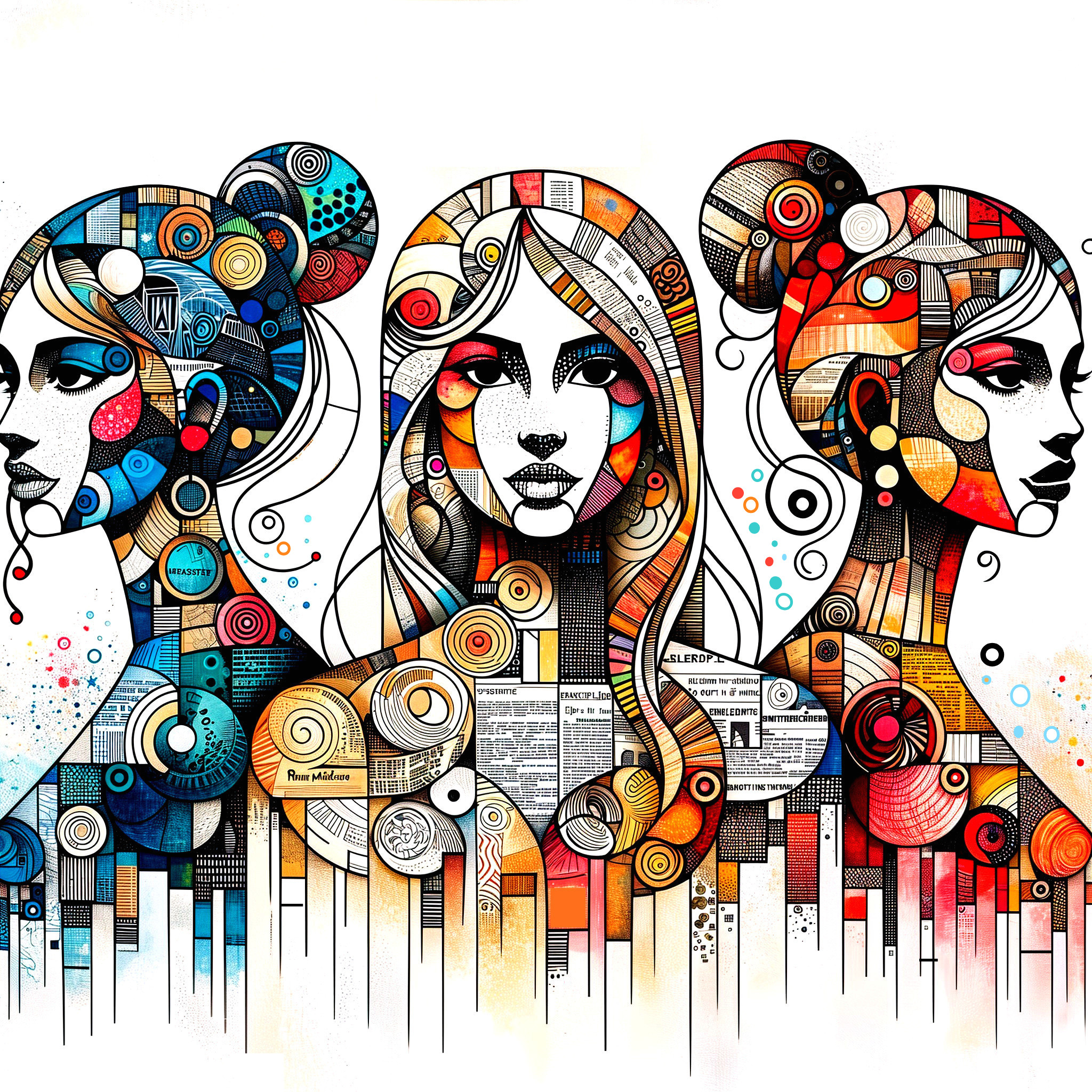 Vibrant Mosaic Artwork of Three Women's Faces