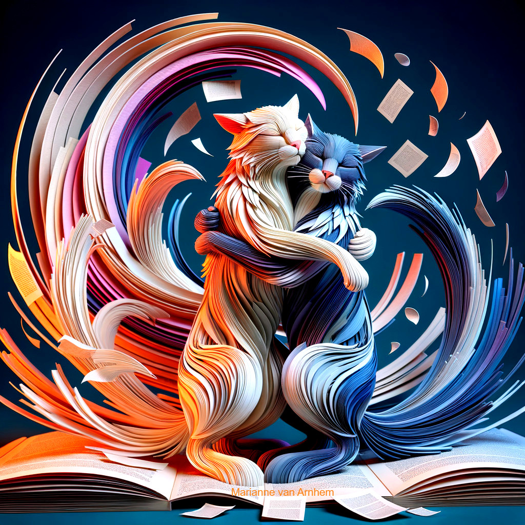 Stylized cats in a ribbon-like embrace with paper backdrop