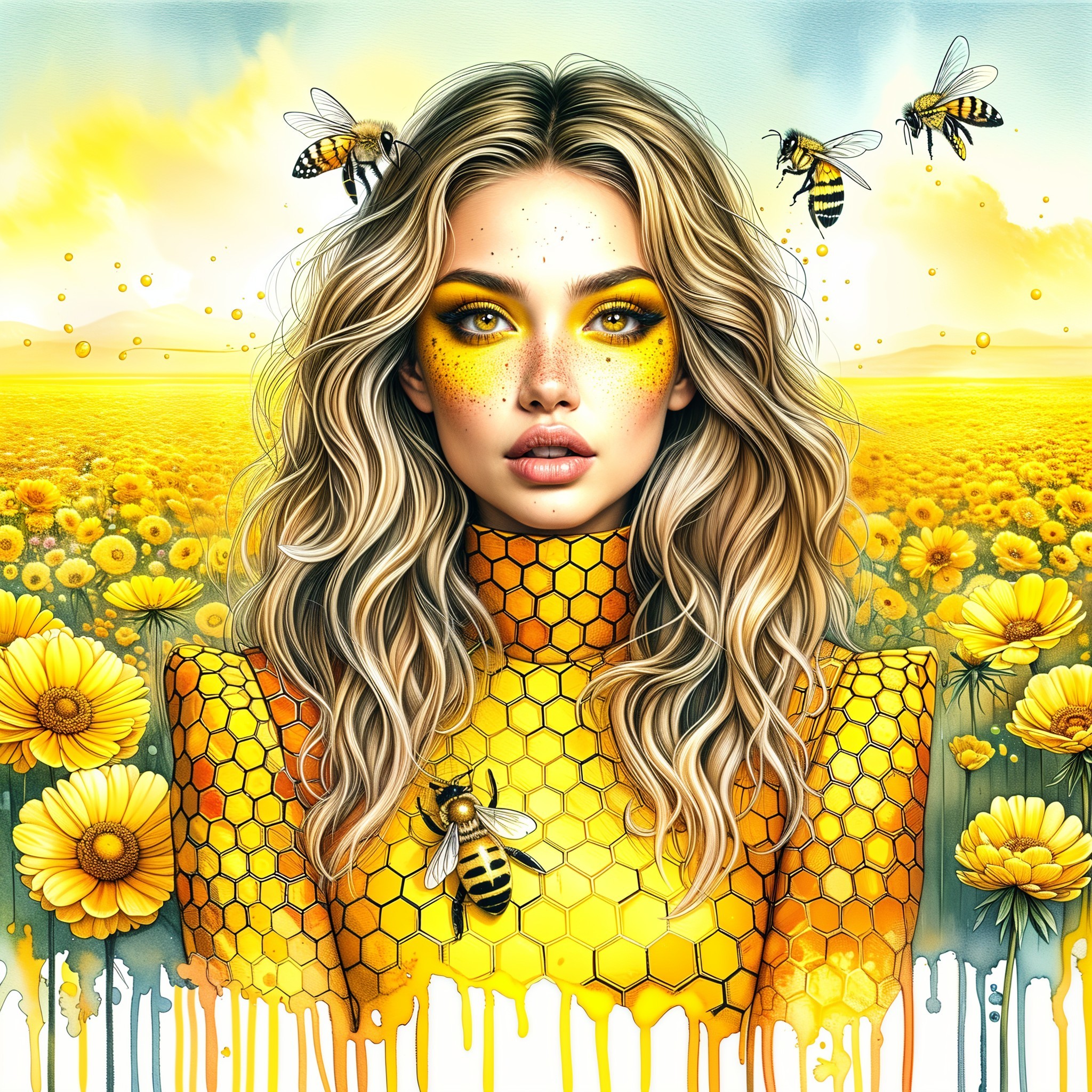 Portrait of a Woman in Honeycomb Outfit Among Flowers