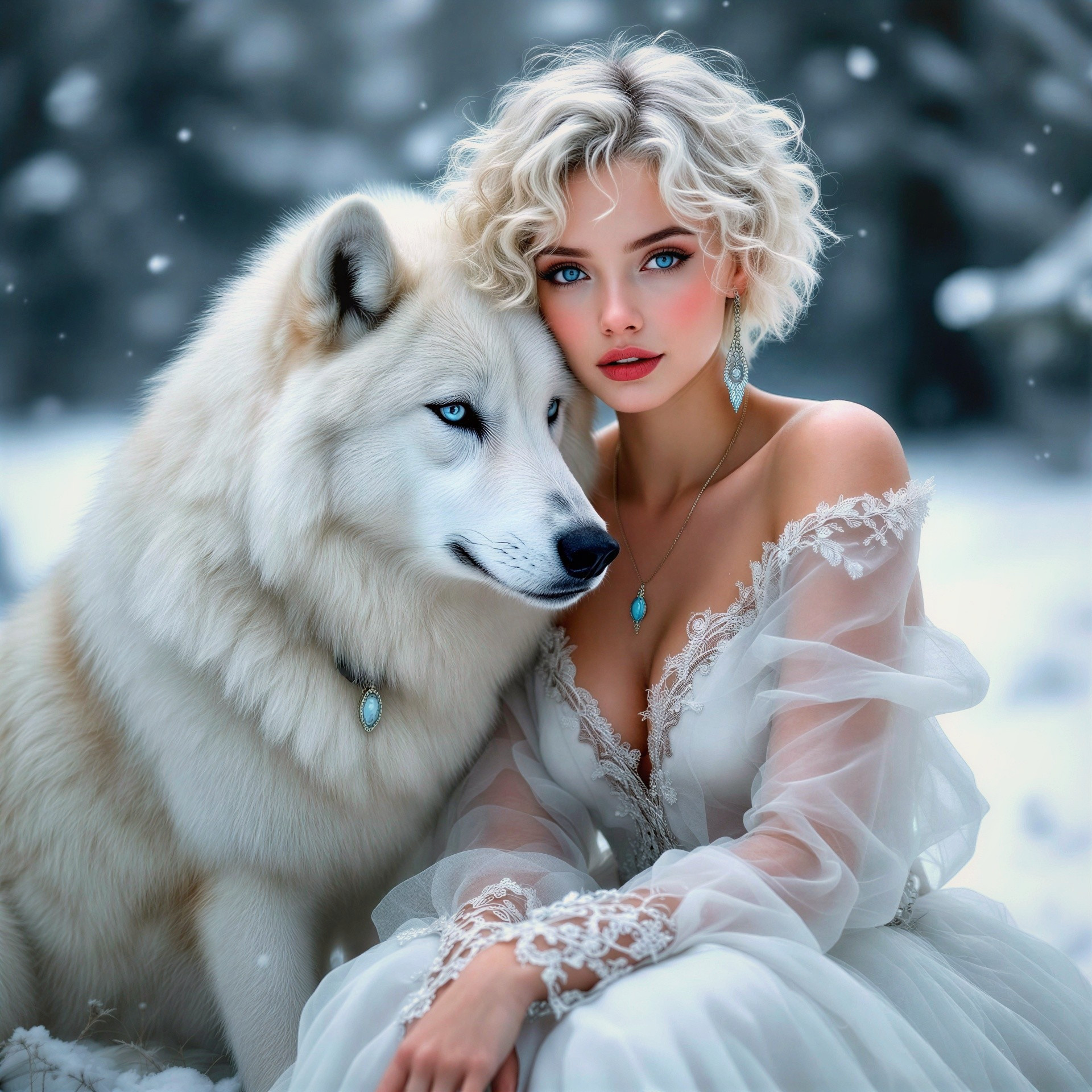 Young woman in white gown with wolf in snowy landscape