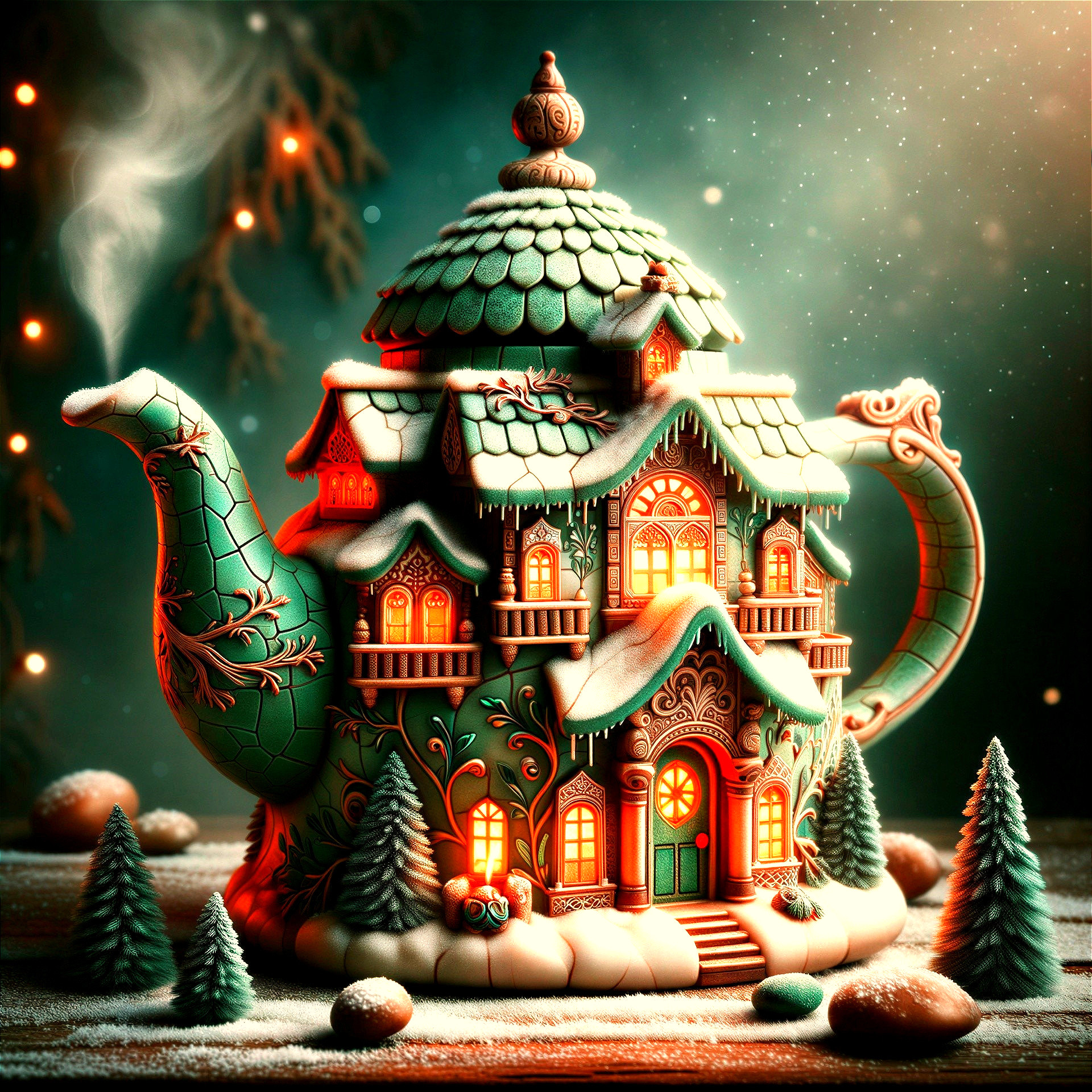 Whimsical Winter Cottage Teapot with Intricate Details