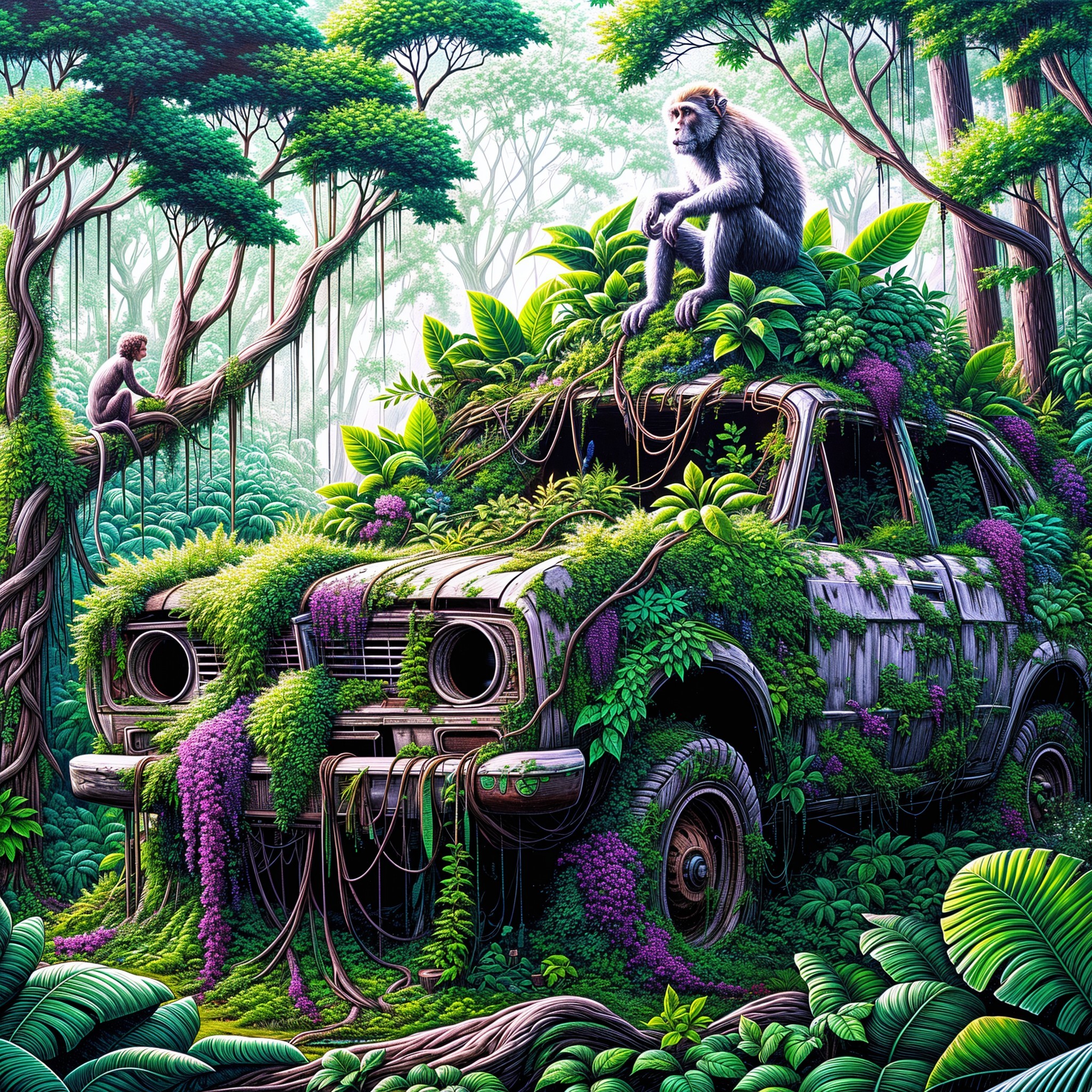 Abandoned Car Overrun by Jungle Vegetation and Wildlife