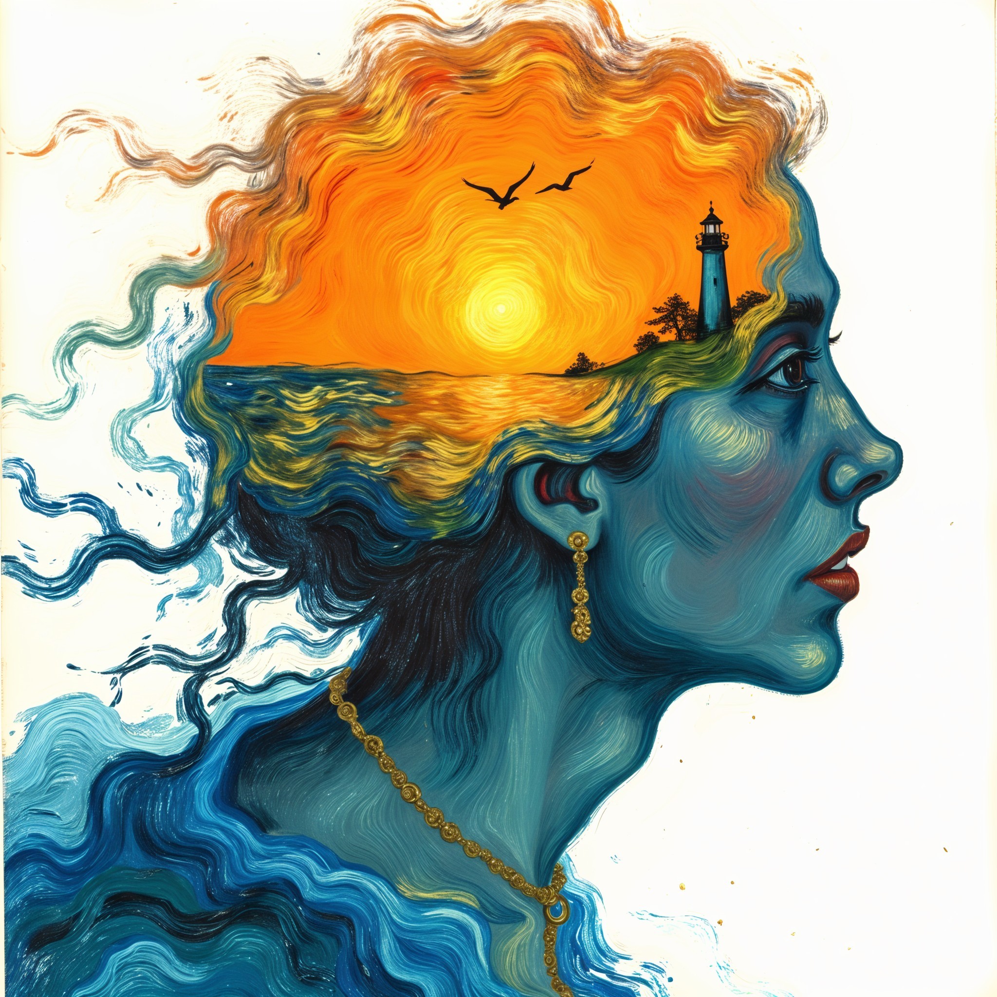 Profile of a Woman with Ocean Hair and Sunset Background