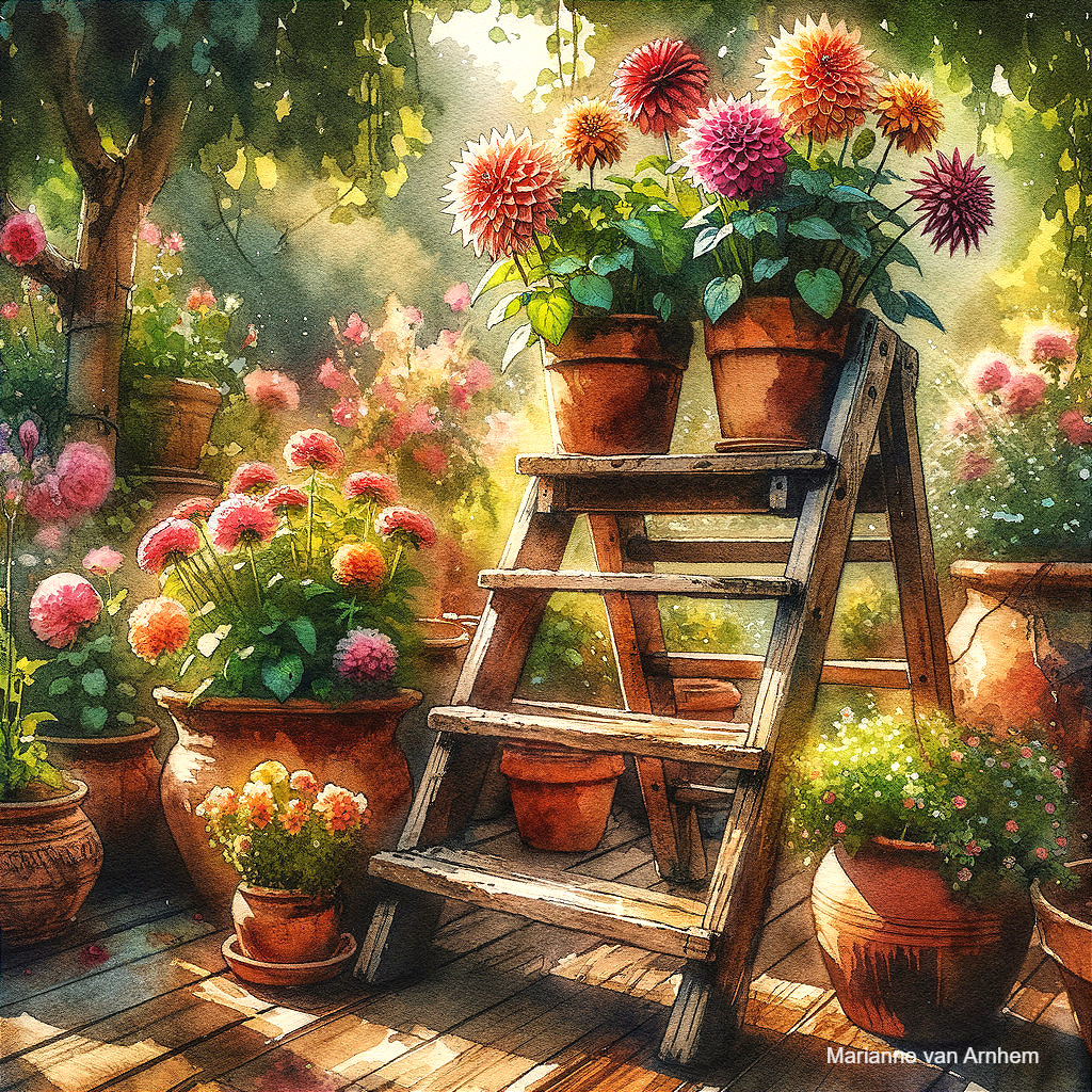 Vibrant garden scene with blooming flowers and ladder