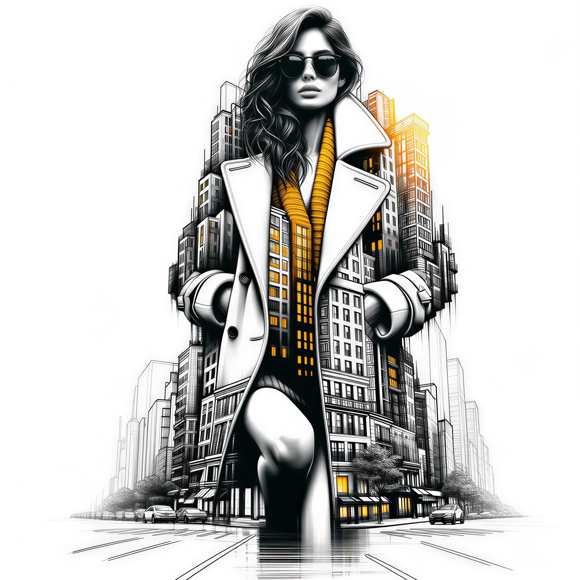 Stylized Woman in White Coat and Orange Sweater