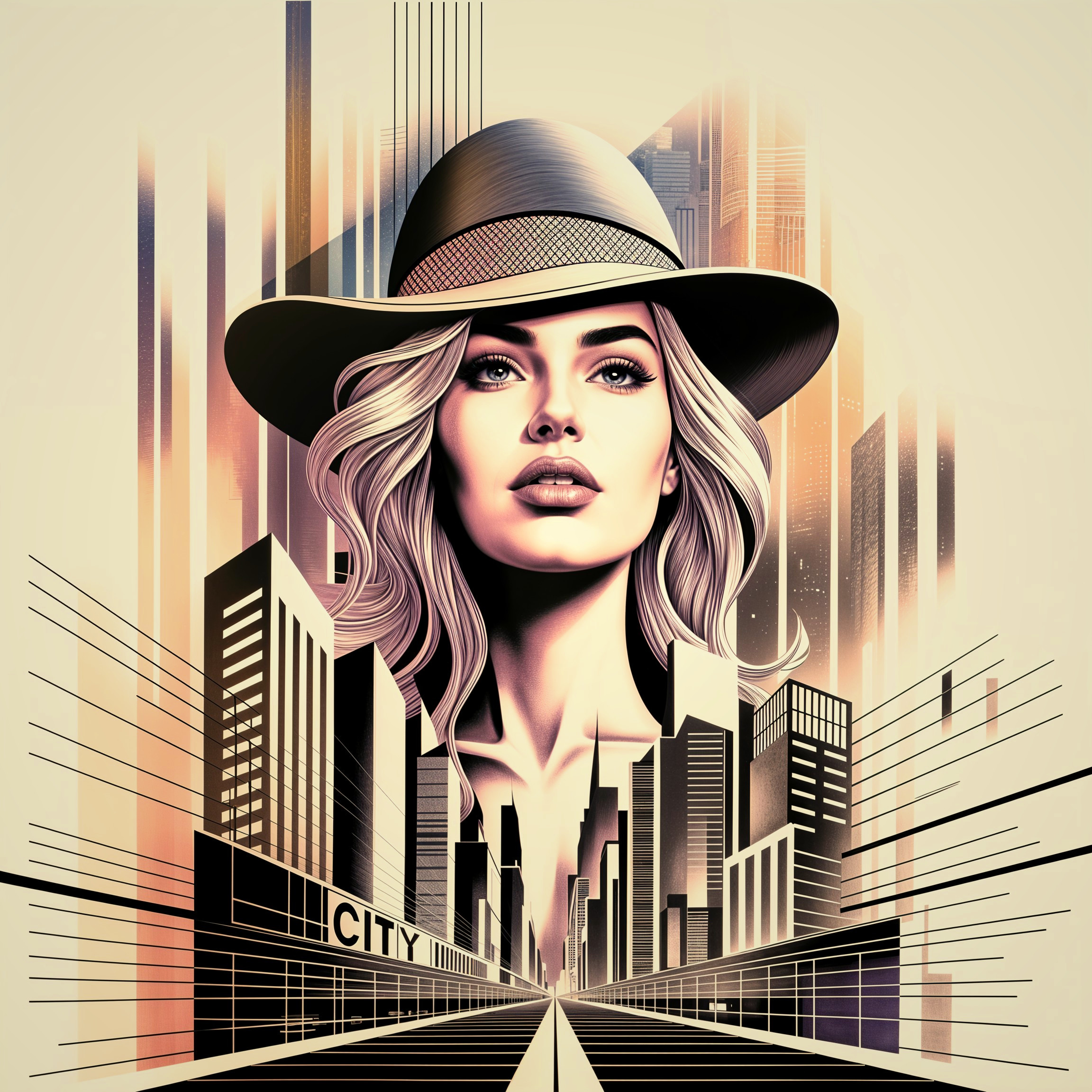 Stylish Woman in Wide-Brimmed Hat Against Cityscape