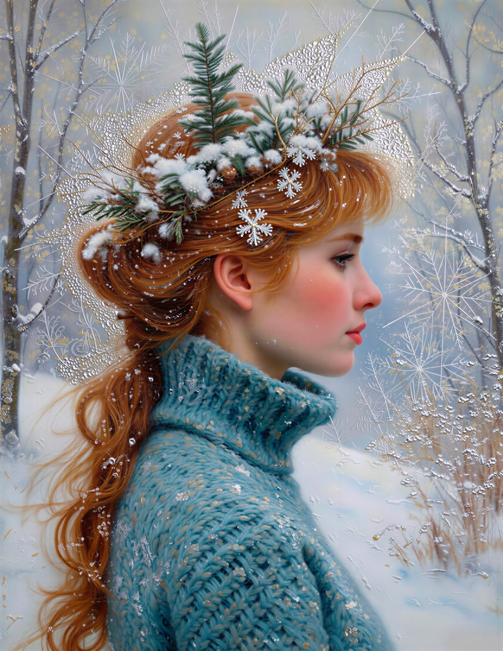 Textured Painting of a Red-Haired Woman in Winter