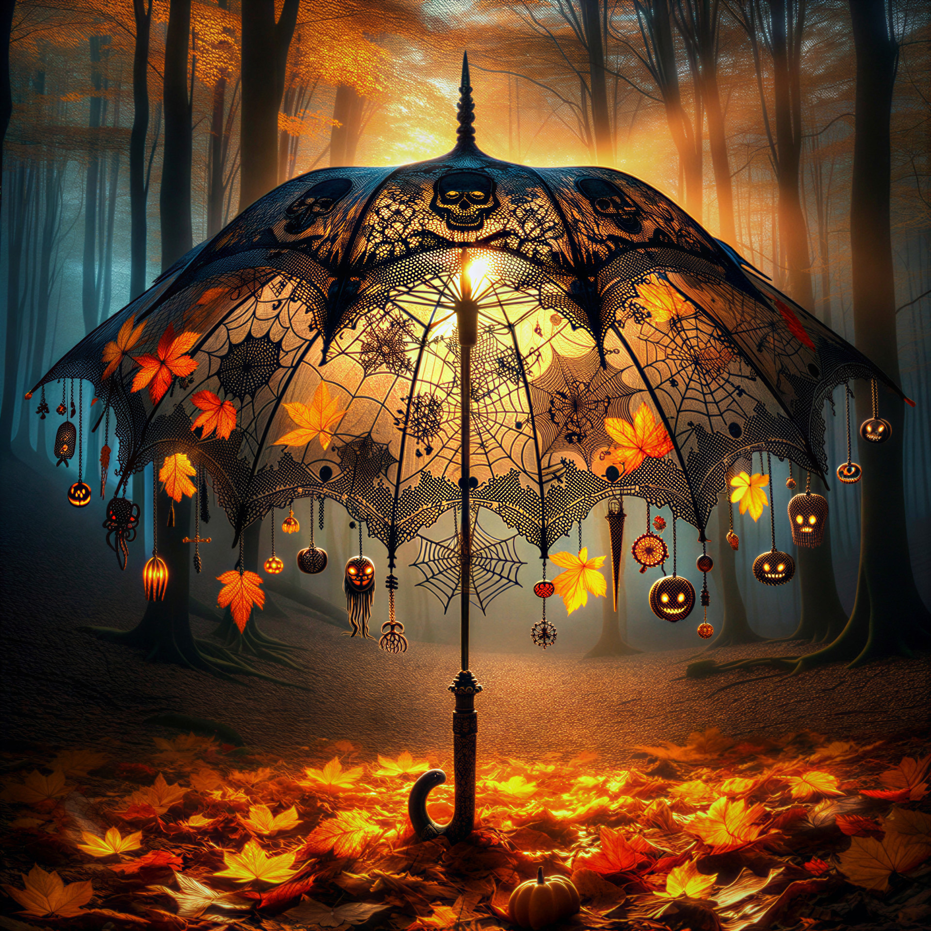 Lace Umbrella with Skull Motifs in Misty Forest