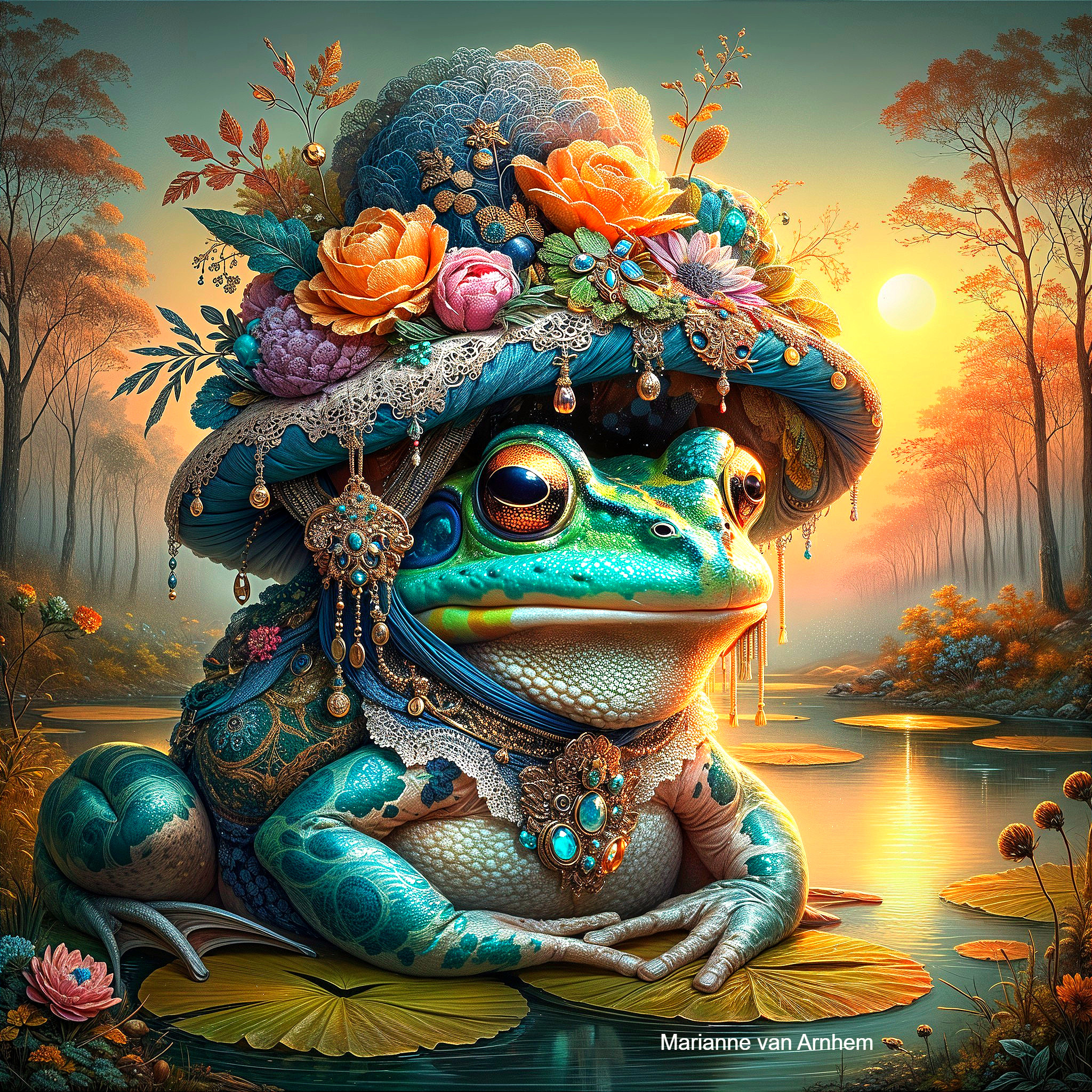 Whimsical Frog on Lily Pad at Sunset in Tranquil Pond