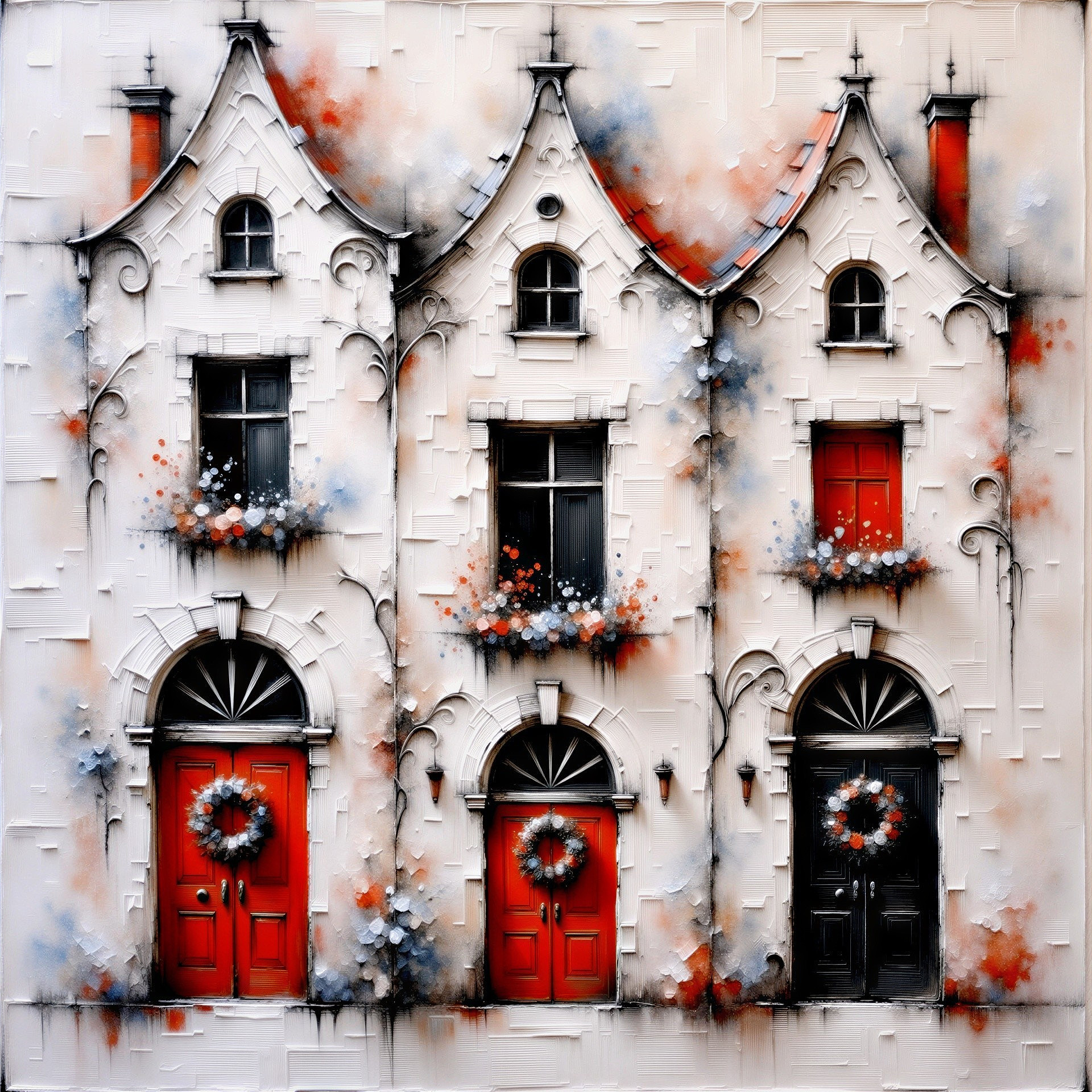 Charming Trio of Unique White Houses with Red Doors