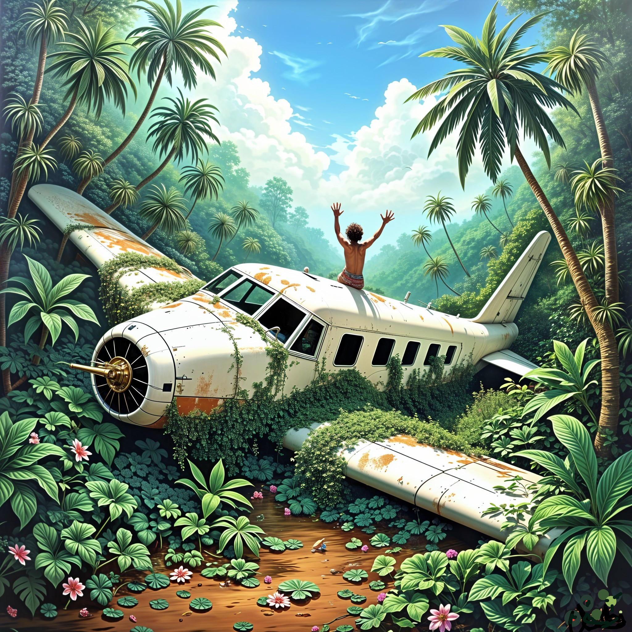 Dilapidated Airplane Surrounded by Jungle Flora
