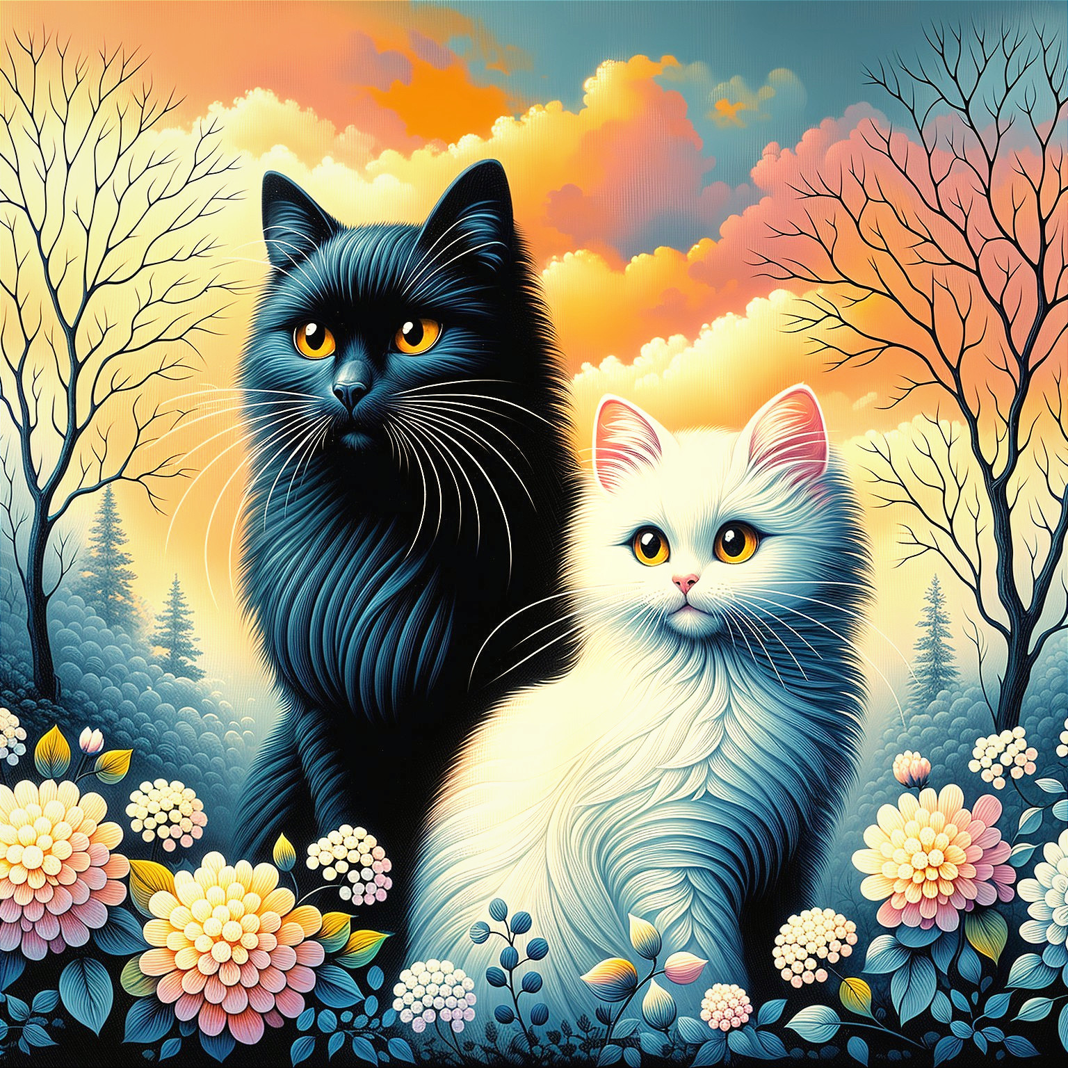 Black and white cats in a colorful sunset landscape