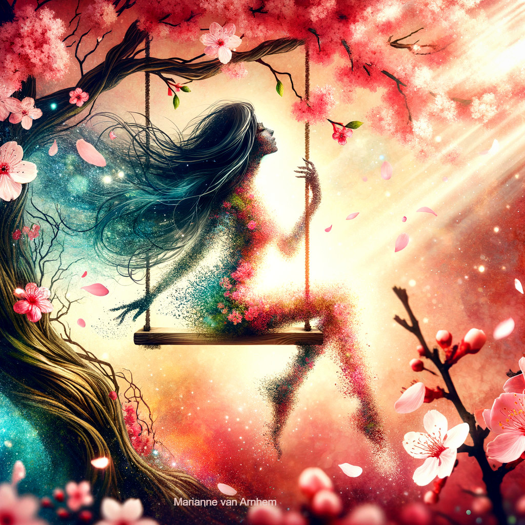 Ethereal Figure on Swing Amidst Vibrant Blossoms