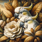 Cockatoos Among Golden Leaves and Lotus Flower