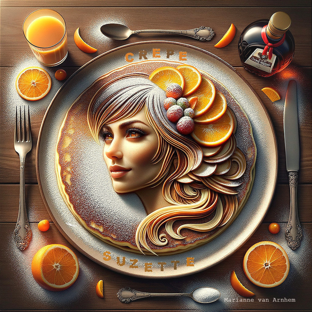 Pancake Art Depicting a Woman's Face with Citrus Accents