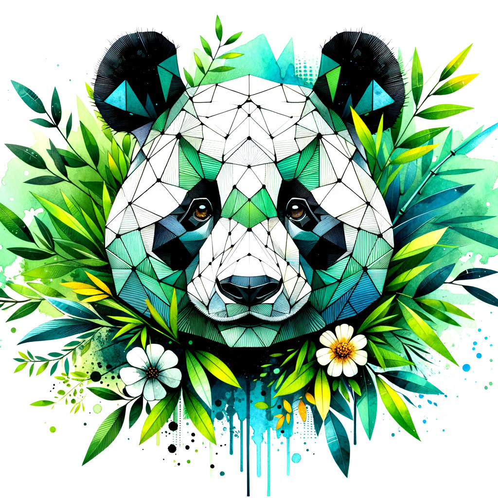 Geometric Panda Head Surrounded by Vibrant Foliage