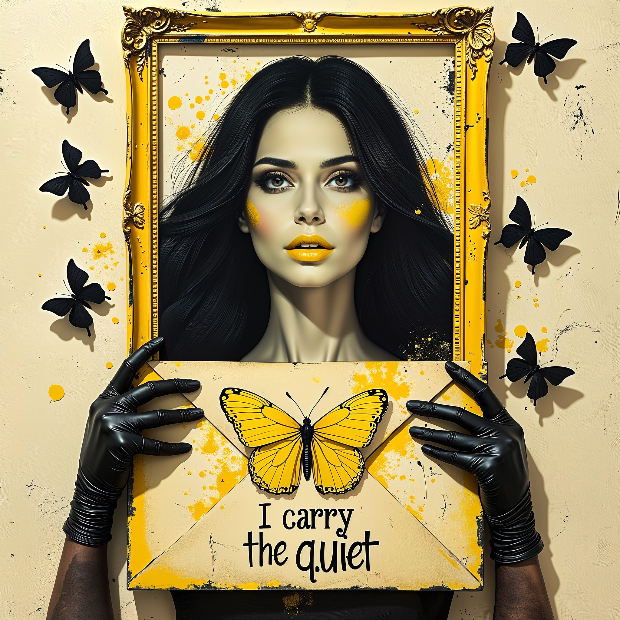 Portrait of a Woman with Yellow Makeup and Butterflies