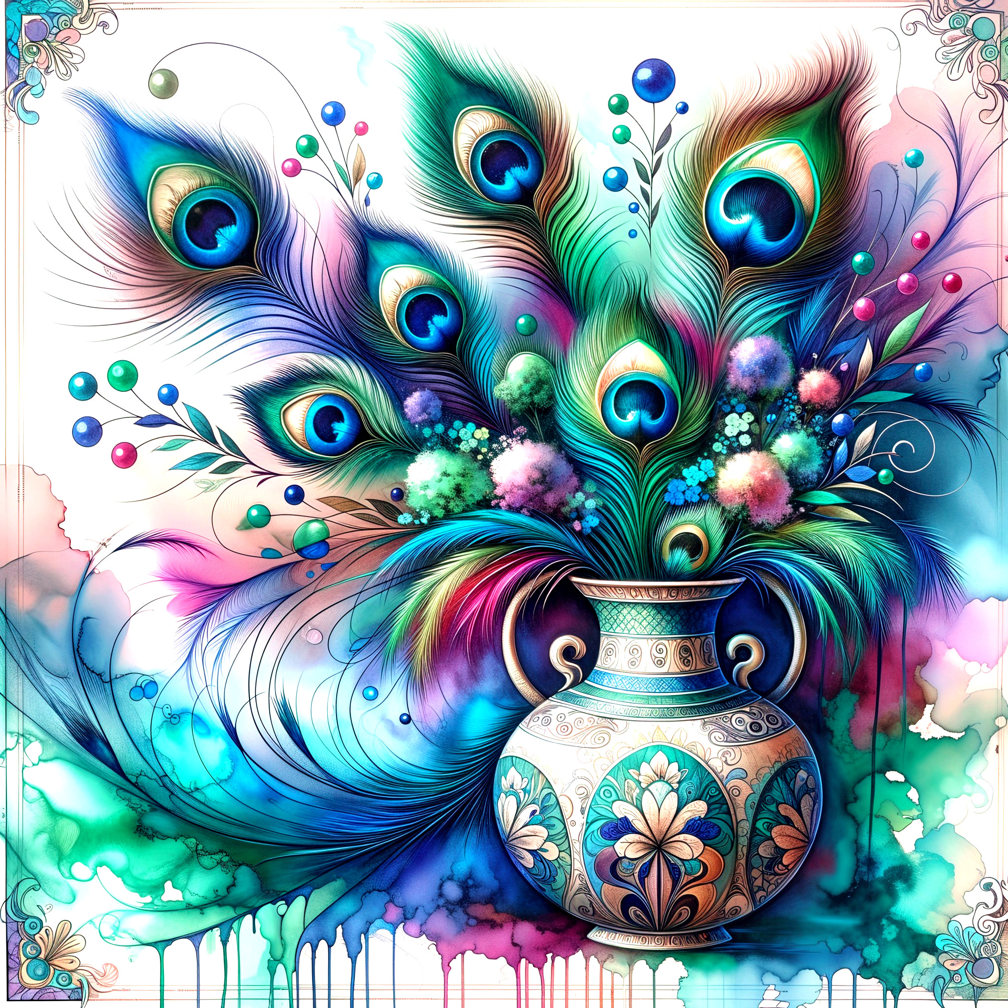 Vibrant Illustration of Vase with Peacock Feathers
