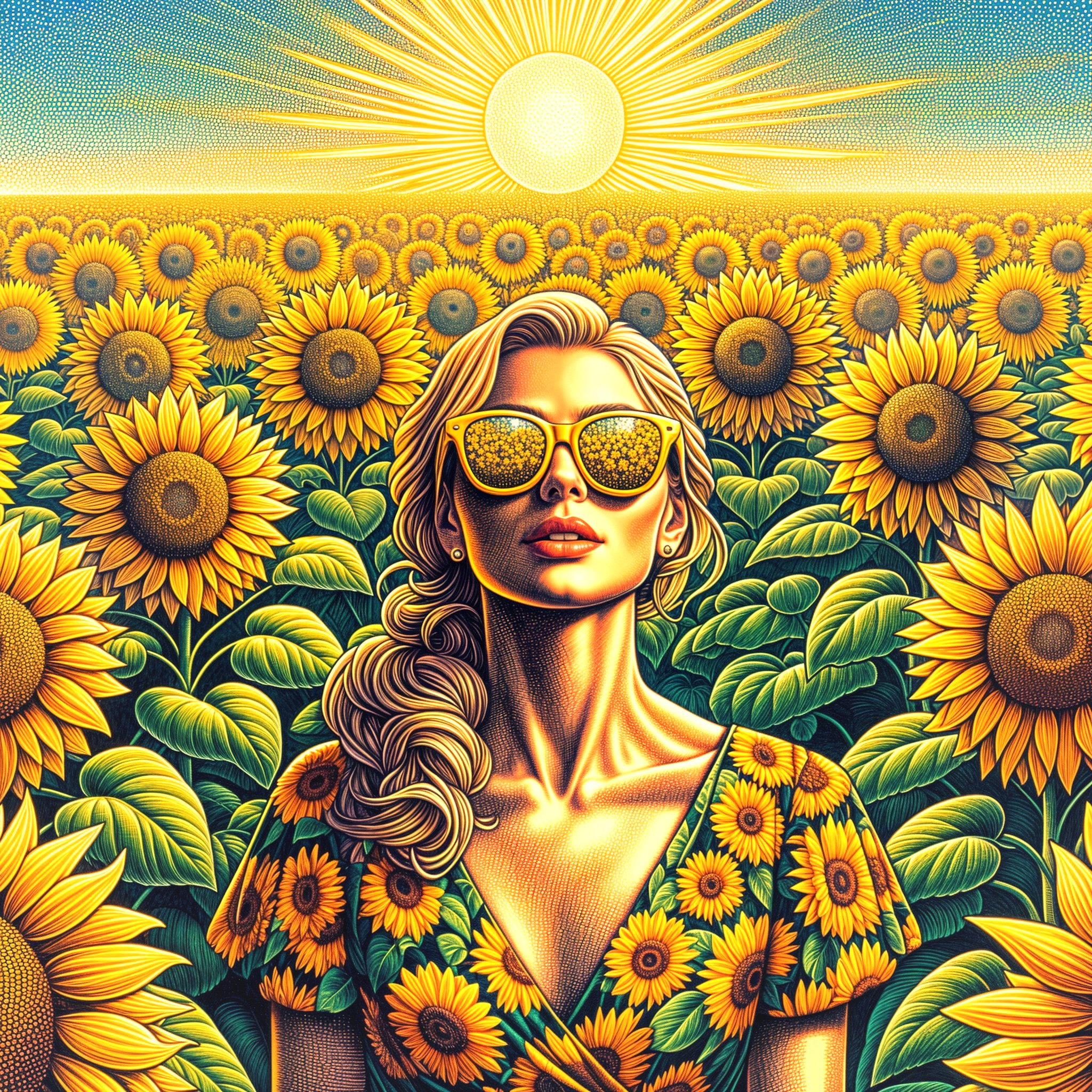 Woman in Sunflower Field with Stylish Sunglasses