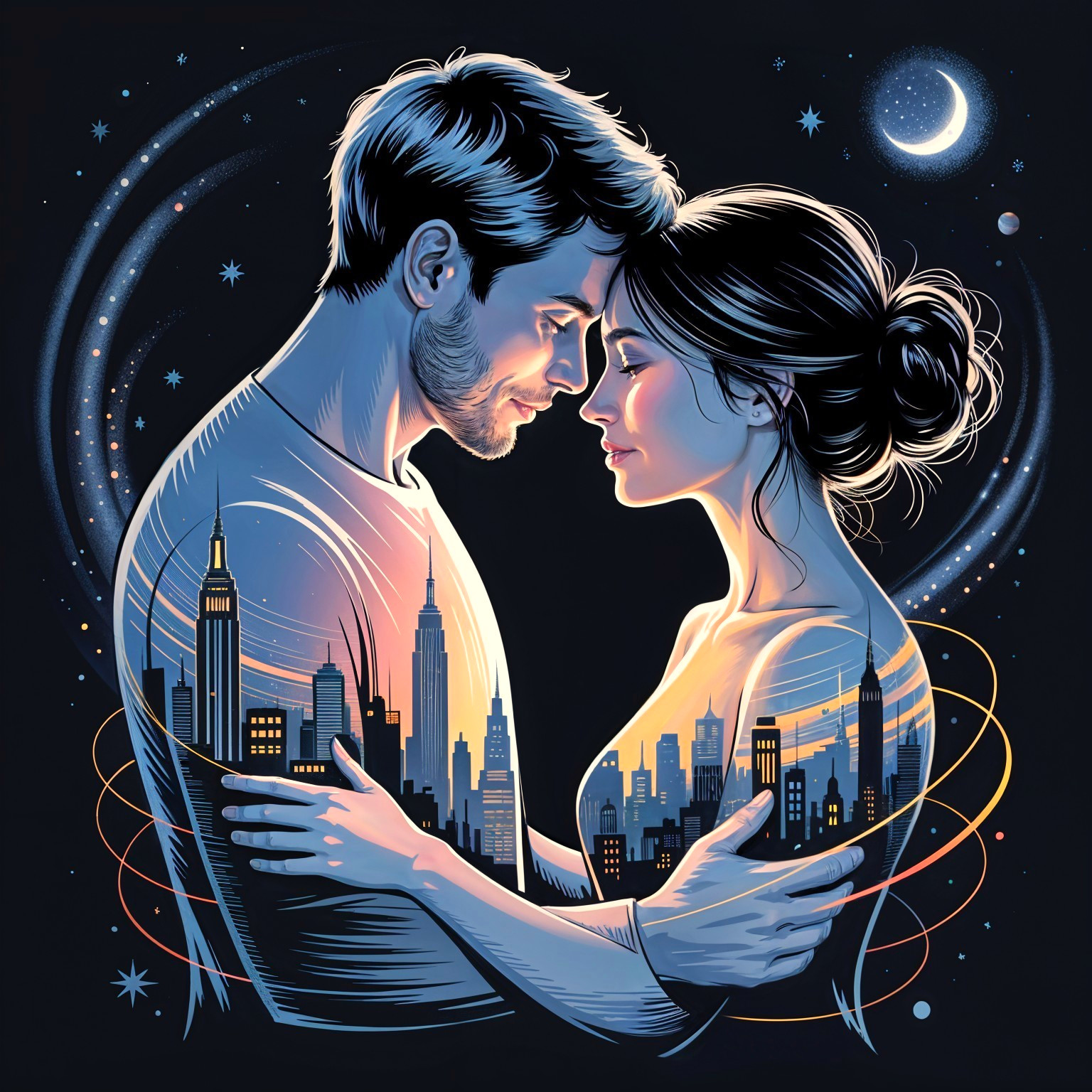 Couple Embracing Against Cosmic City Skyline