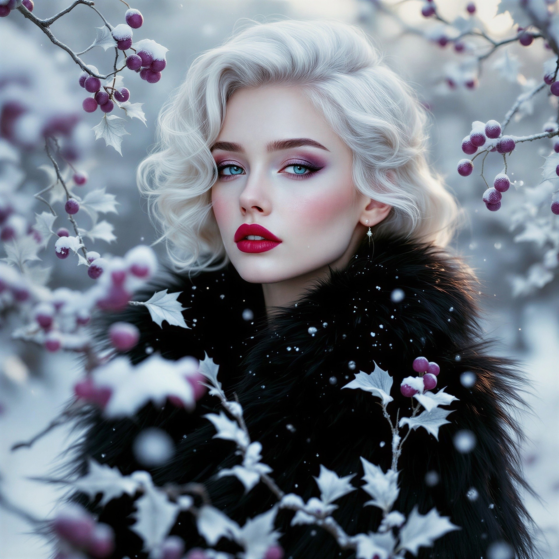 Young Woman in Fur Coat in Snowy Winter Scene