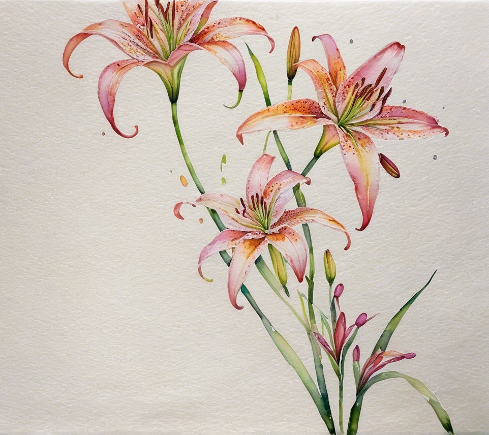 Watercolor Painting of Pink Lilies with Foliage