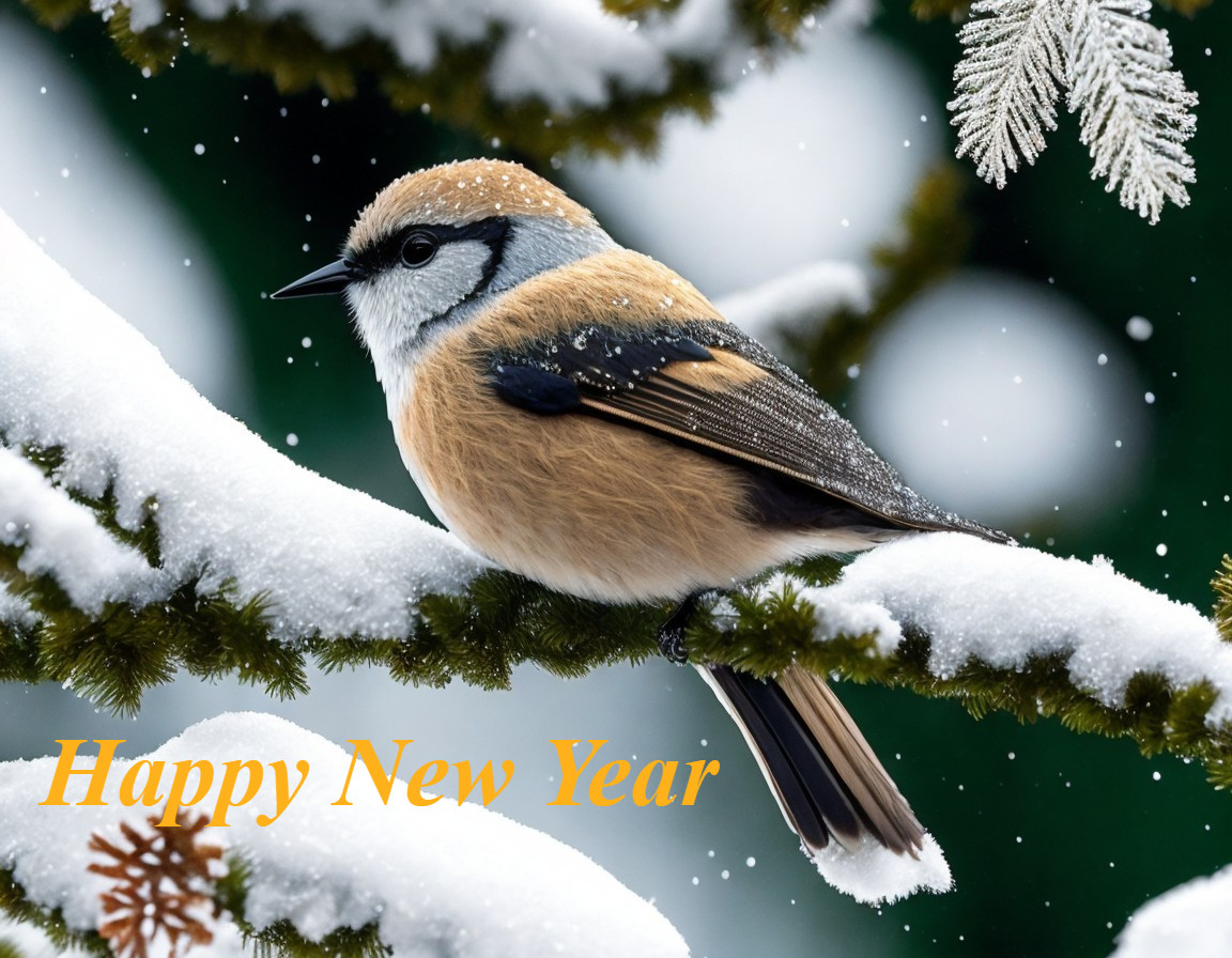 Bird perched on snowy branch with "Happy New Year" text, pine trees, falling snowfl
