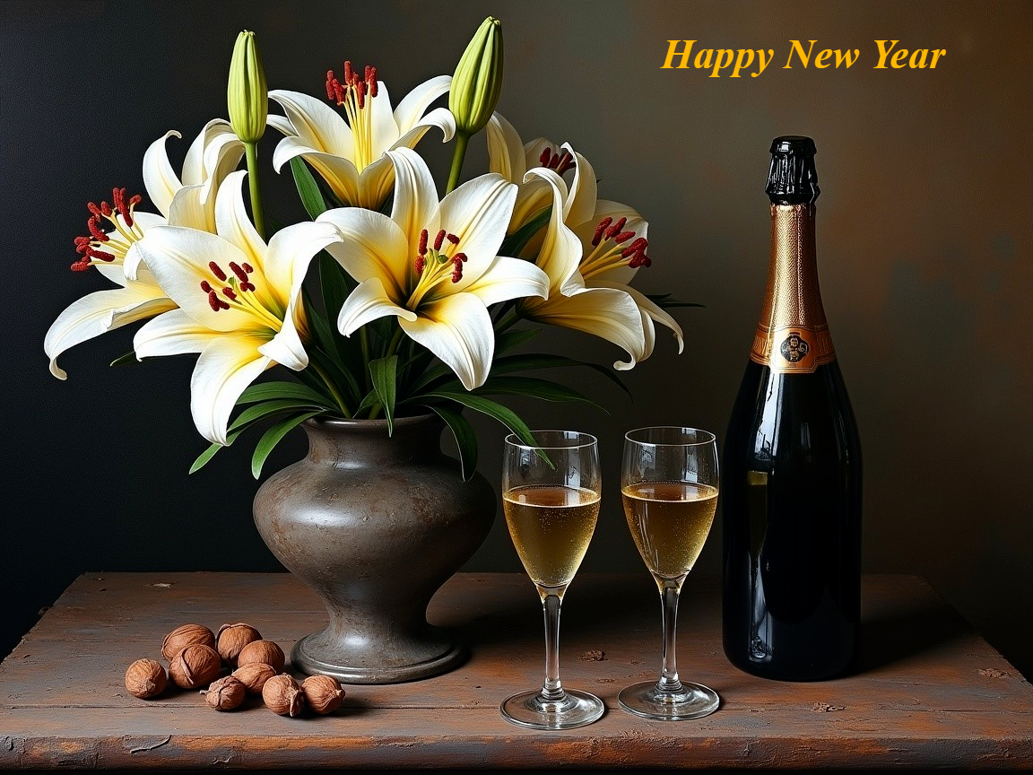 White Lilies and Champagne for New Year Celebration