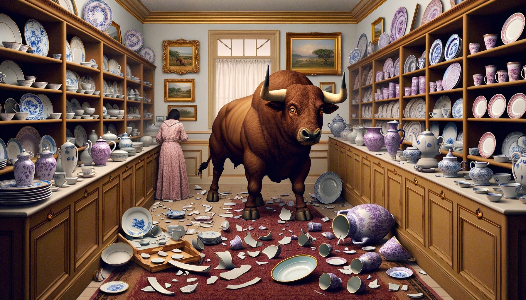 Brown bull in elegant room with broken porcelain and woman in background