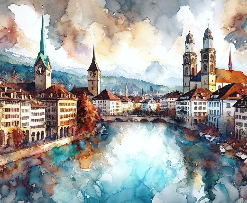 Cityscape Watercolor Painting with Church Spires and Bridge