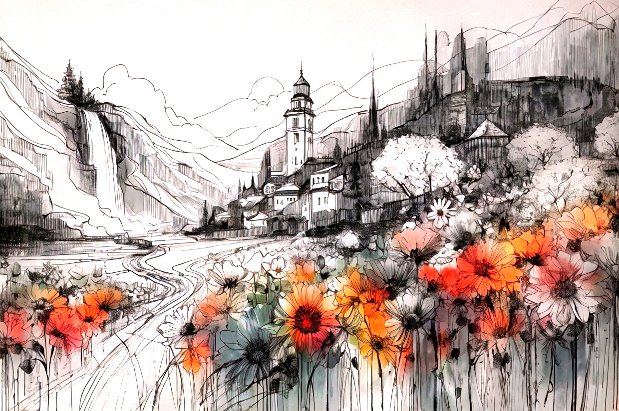 Serene Landscape with Floral Elements and River Scene