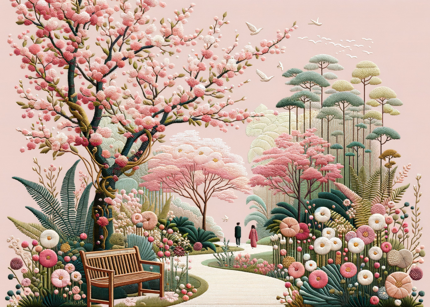 Embroidered Landscape with Cherry Blossom and Birds
