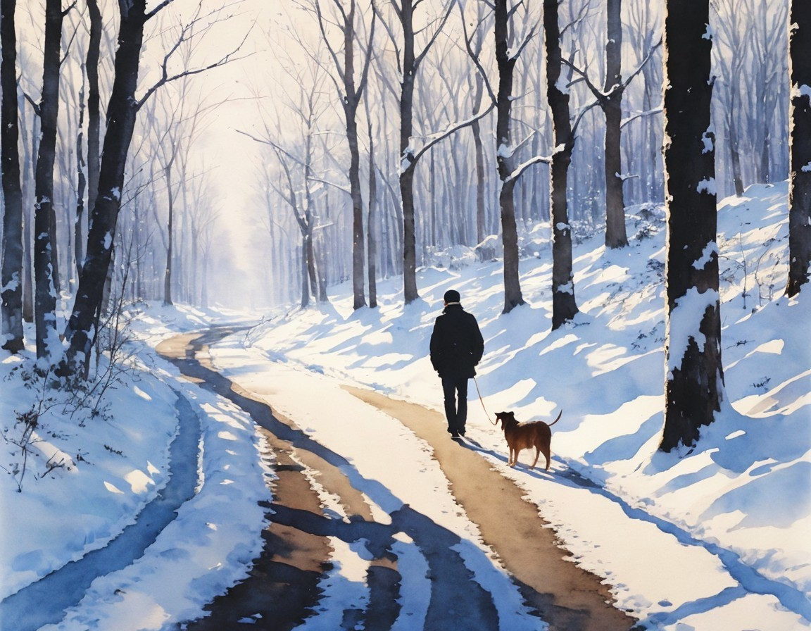 Person and dog walking on snowy path with bare trees and sunlight shadows