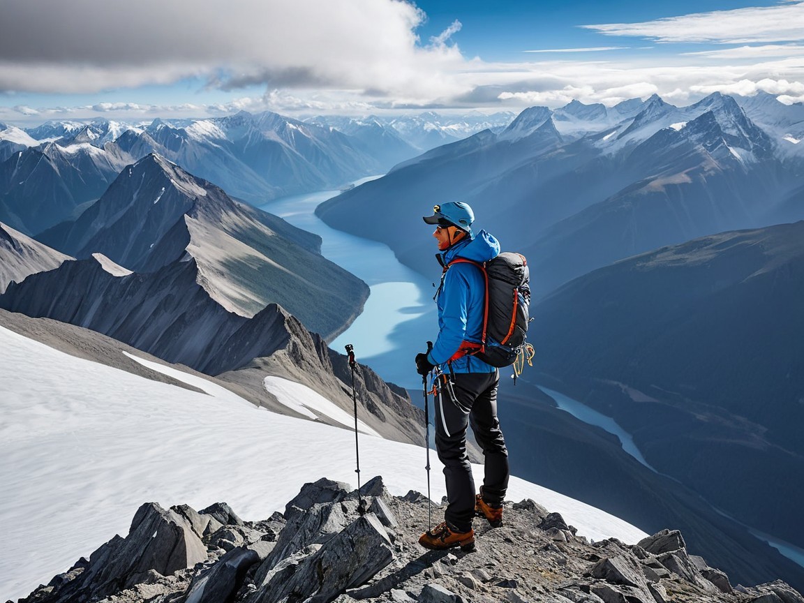 Hiker at Mountain Summit Overlooking Scenic Landscape