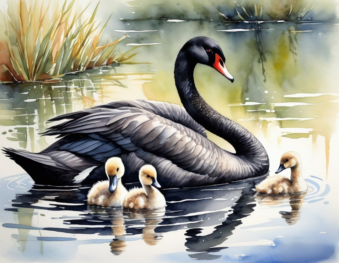 Watercolor Painting of Black Swan and Cygnets