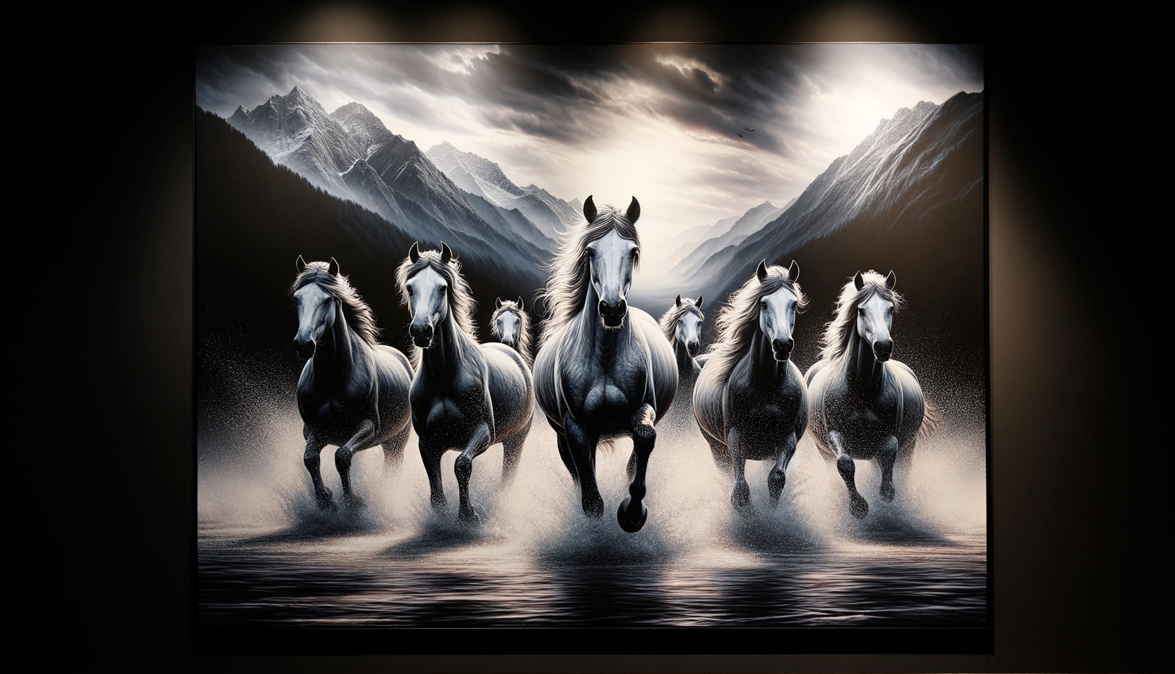 Horses Galloping Through Water with Mountain Backdrop