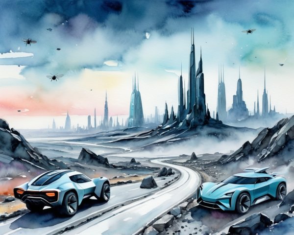 Futuristic Landscape with Modern Cars and Skyscrapers