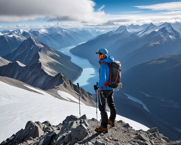 Hiker at Mountain Summit Overlooking Scenic Landscape