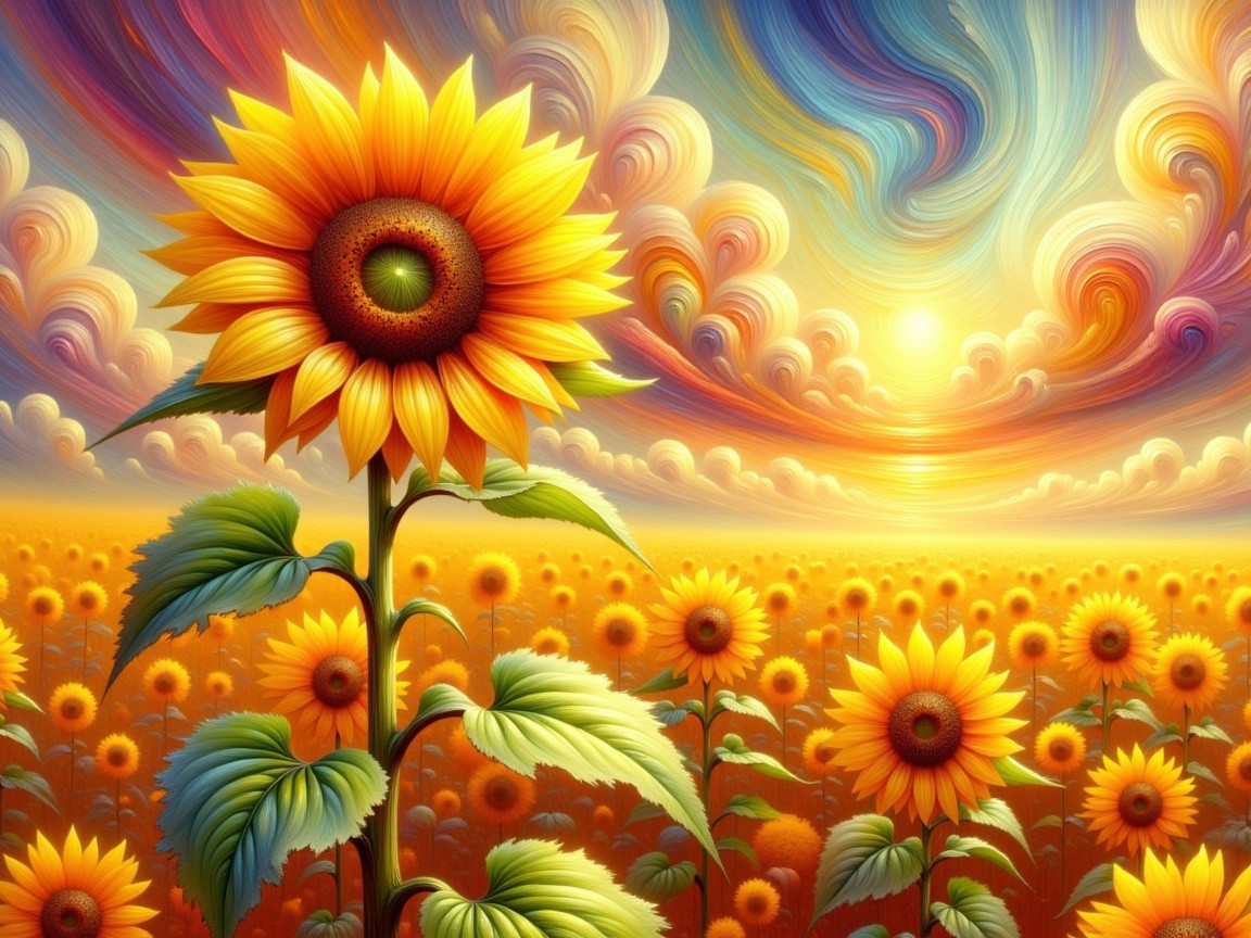 Sunflowers in a Colorful Sunset Sky Landscape
