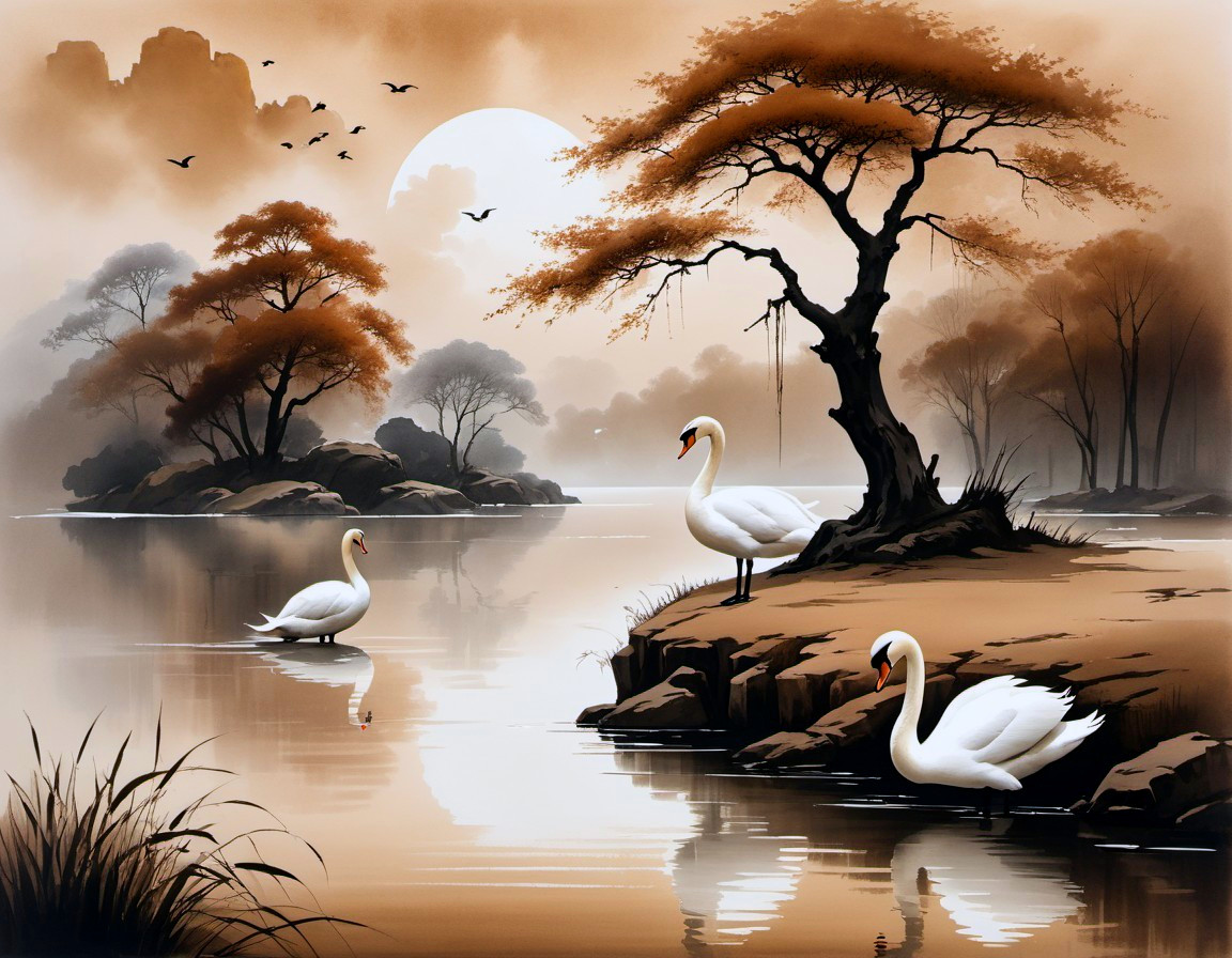 Serene Autumn Landscape with Swans and Hills