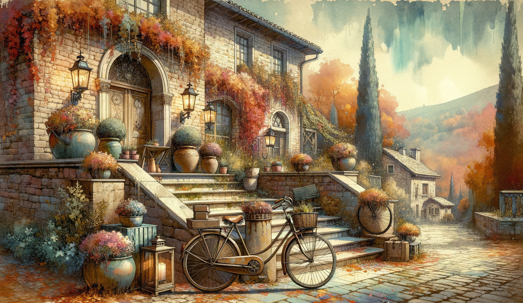 Vintage Stone House Surrounded by Autumn Foliage