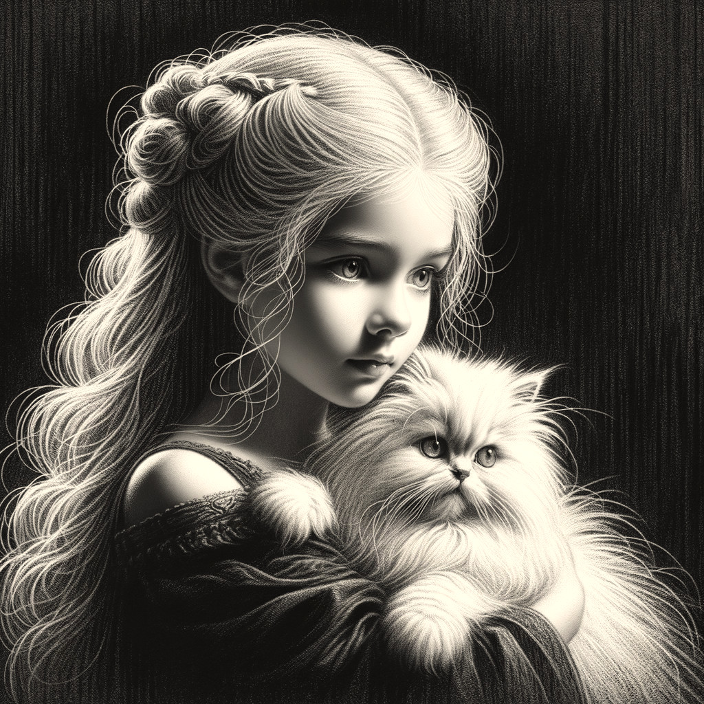 Monochromatic artwork: girl with braided hair holding Persian cat on dark textured background